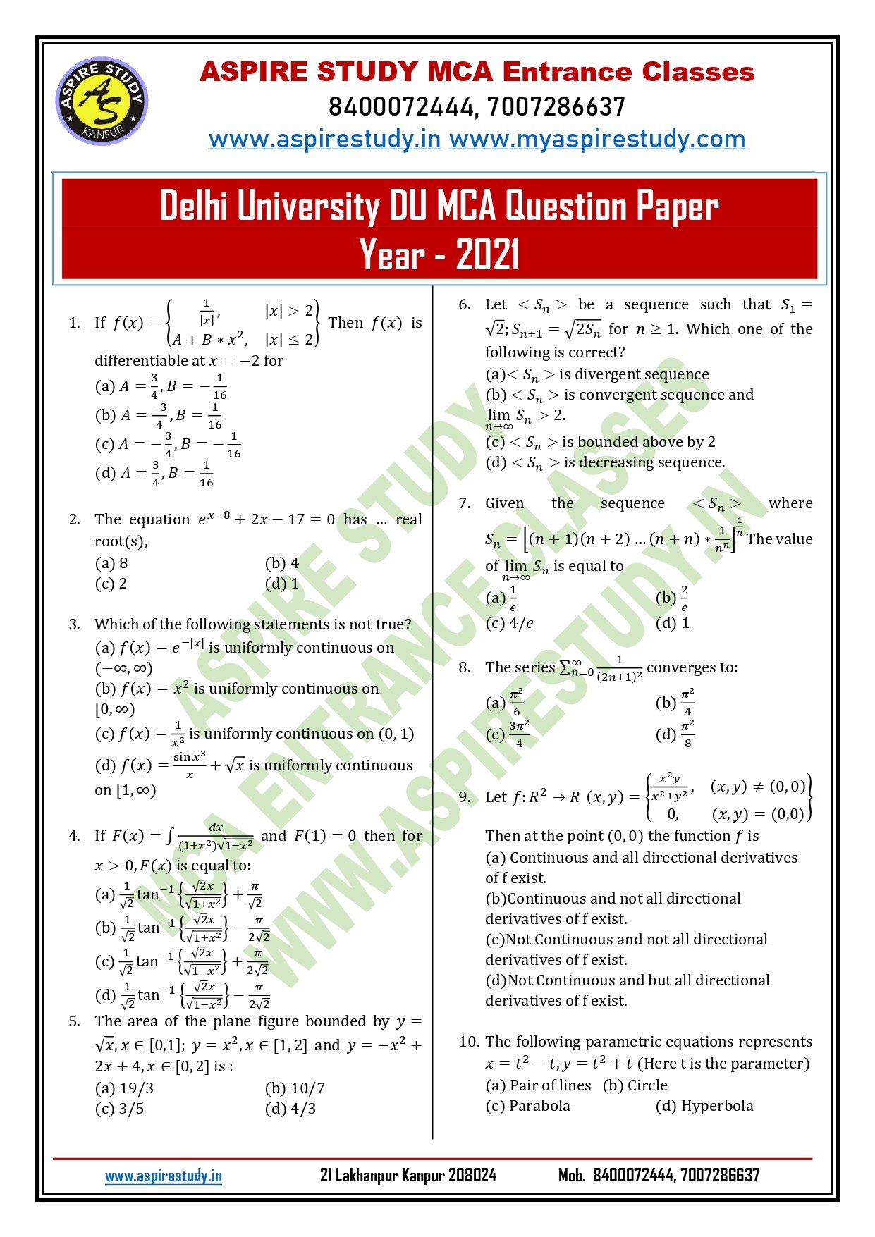 DU MCA Question Paper 2021